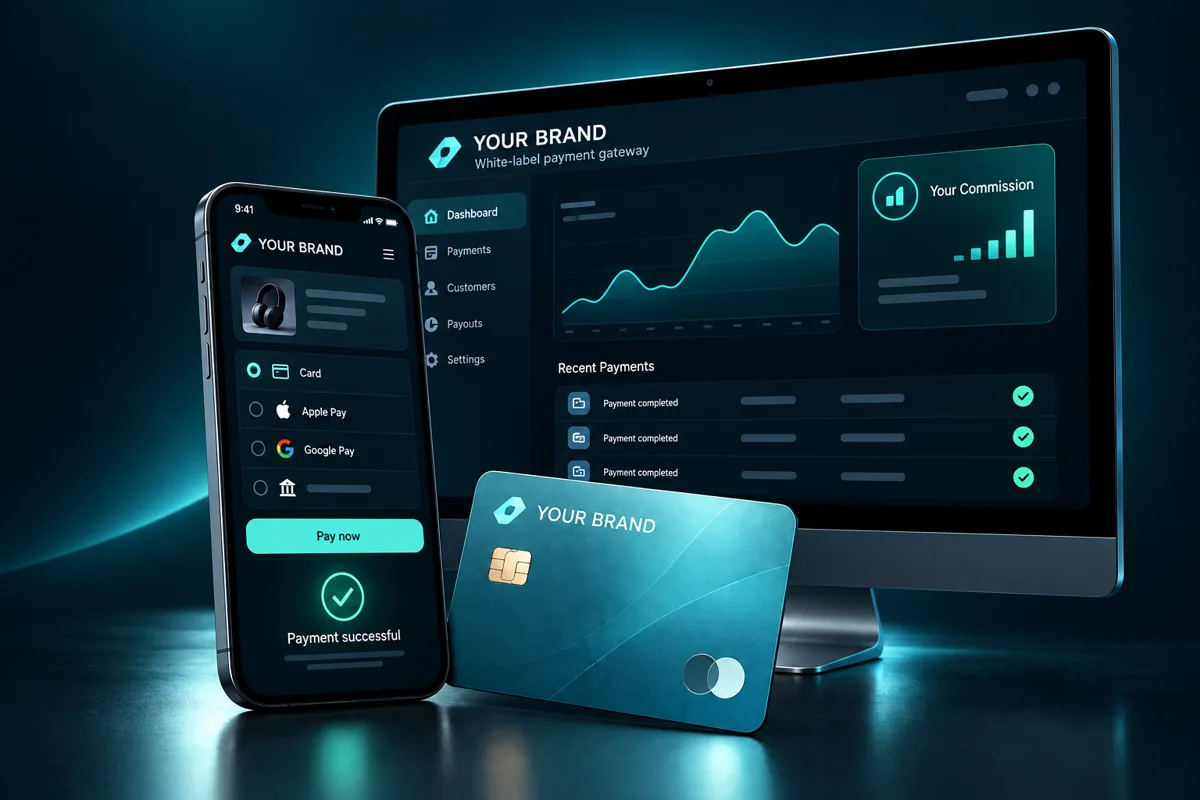 White-label payment gateway with your branding, mobile checkout and commission dashboard